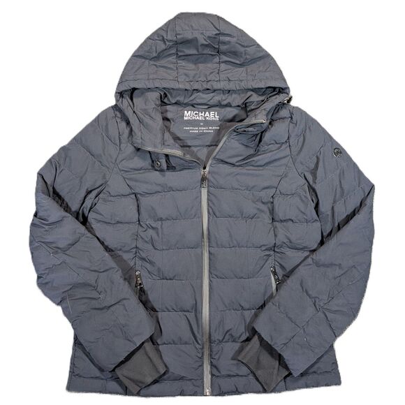 Michael Kors Womens M Down Hooded Puffer Full Zip Black Jacket Coat - Picture 1 of 9